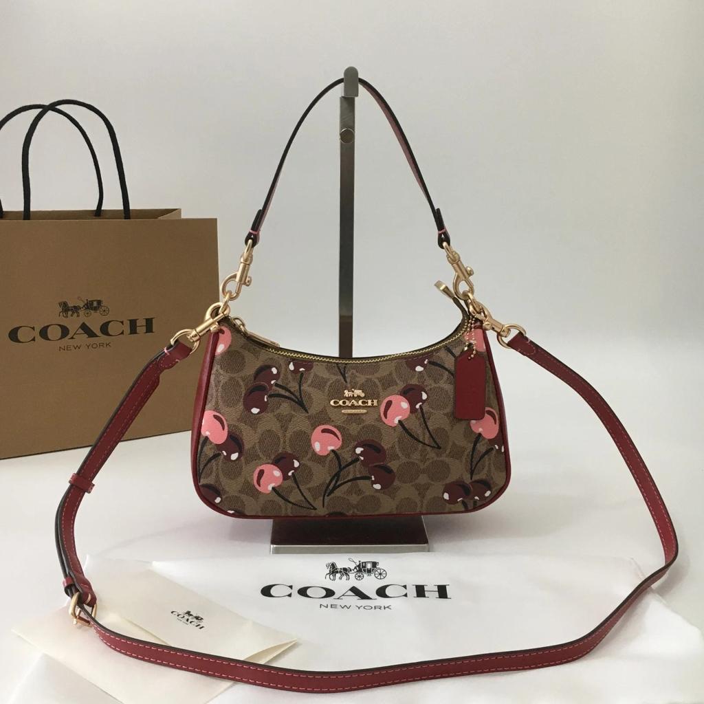 COACH CY694 Teri Shoulder Bag Signature Canvas Cherry Print Tan Brown