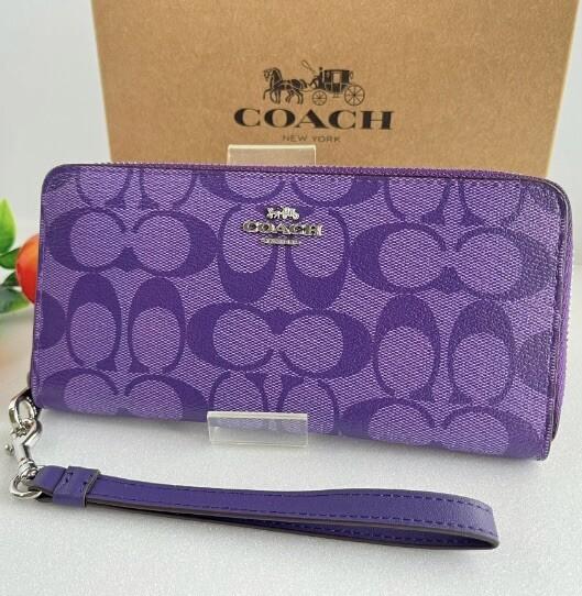COACH C4452 Long Zip Around Wallet Signature Canvas Sport Purple NWT