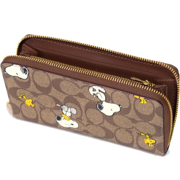 COACH x Peanuts Long Zip Around Wallet Snoopy & Woodstock Khaki Signature CE705