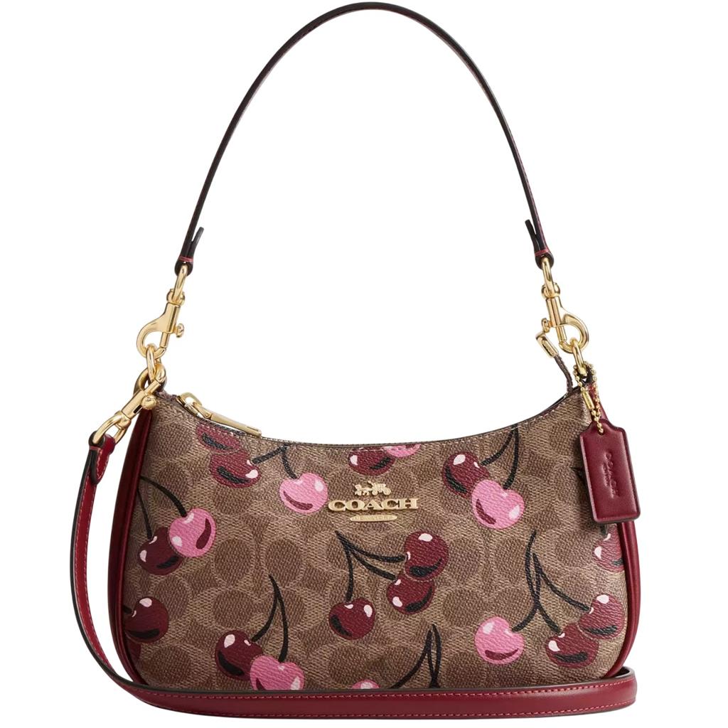 COACH CY694 Teri Shoulder Bag Signature Canvas Cherry Print Tan Brown
