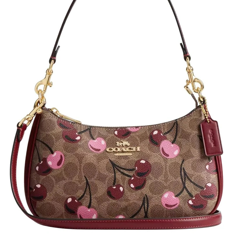 COACH Teri Shoulder Bag Signature Canvas Cherry Print Tan Brown CY694 NWT