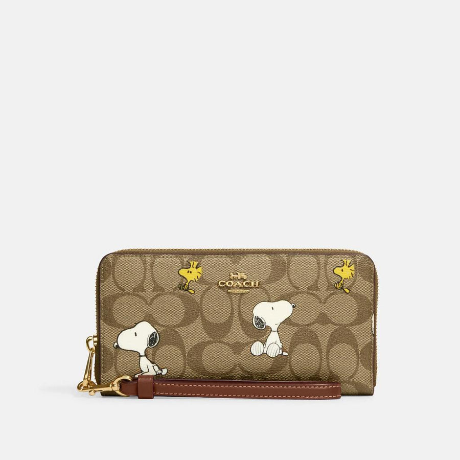 COACH x Peanuts Long Zip Around Wallet Snoopy & Woodstock Khaki Signature CE705