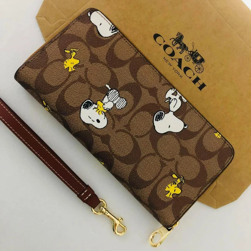 COACH x Peanuts Long Zip Around Wallet Signature Canvas Snoopy & Woodstock CE705 NWT