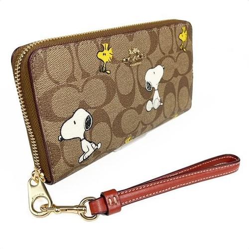 COACH x Peanuts Long Zip Around Wallet Snoopy & Woodstock Khaki Signature CE705