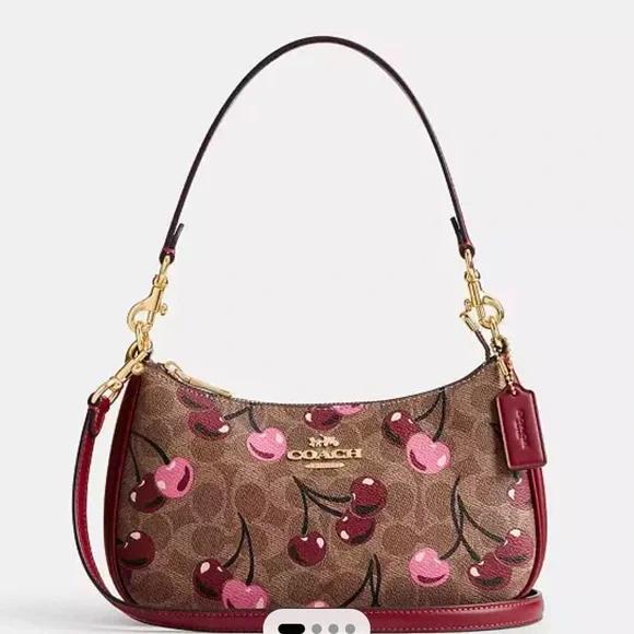 COACH Teri Shoulder Bag Signature Canvas Cherry Print Tan Brown CY694 NWT